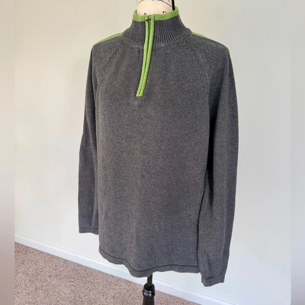 Eddie Bauer Sweater Pullover 1/4 Zip Charcoal/Lime Green Sz L 100%Cotton Grandpa